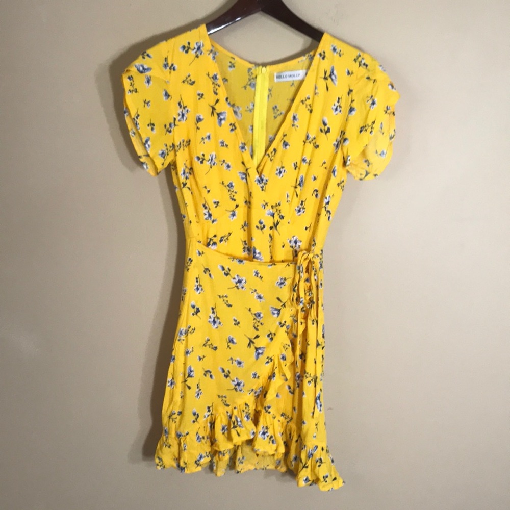 Hello Molly yellow floral wrap dress